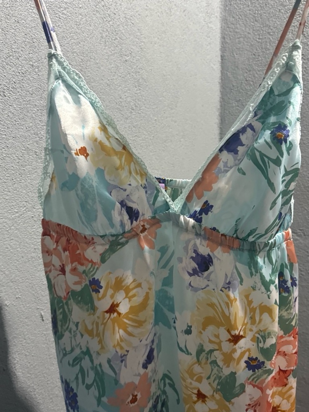 Floral Satin Chemise Slip in Mint and Multicolor